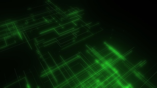 Rendu 3D d'un maillage au néon numérique constitué de lignes et de points lumineux