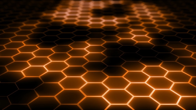 Rendu 3D d'un maillage hexagonal futuriste abstrait avec des effets de lumière