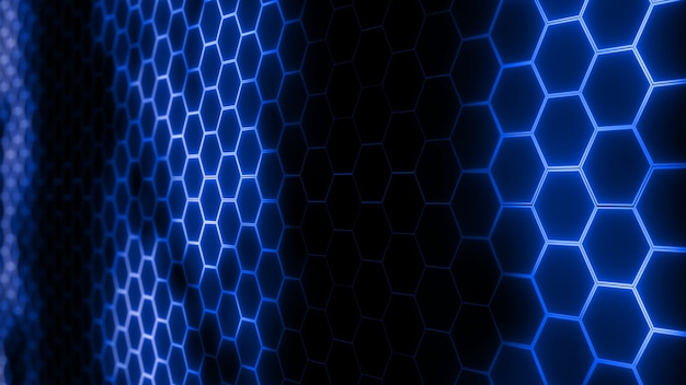 Rendu 3D d'un maillage hexagonal futuriste abstrait avec des effets de lumière