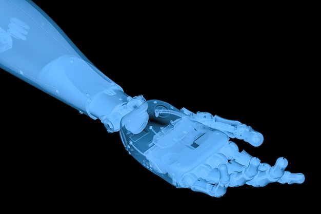 Rendu 3D main robotique à rayons x avec paume de la main ouverte isolée sur fond noir