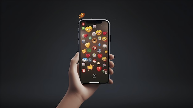 Un rendu 3D d'une main tenant un téléphone avec des commentaires emoji, des icônes d'aimer et de jouer
