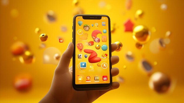 Un rendu 3D d'une main tenant un téléphone avec un emoji ludique