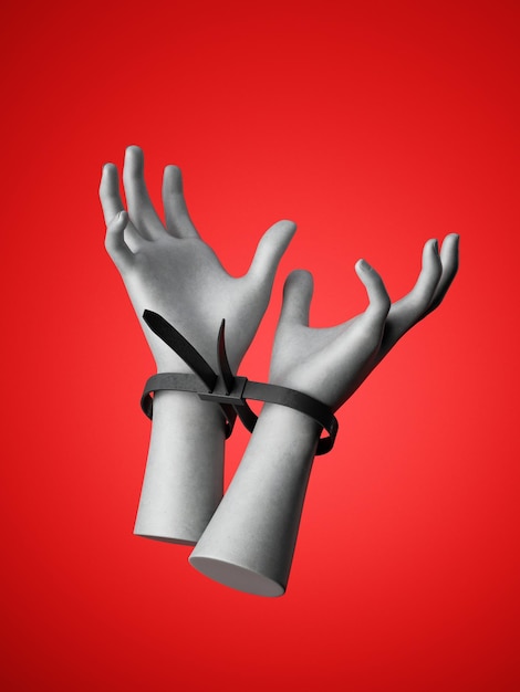 rendu 3d mains humaines attachées avec des attaches en plastique noir isolées sur fond rouge