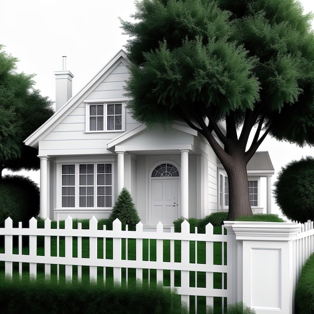 Rendu 3D de la maison blanche avec herbe et arbres en arrière-planRendu 3D d'une maison confortable sur