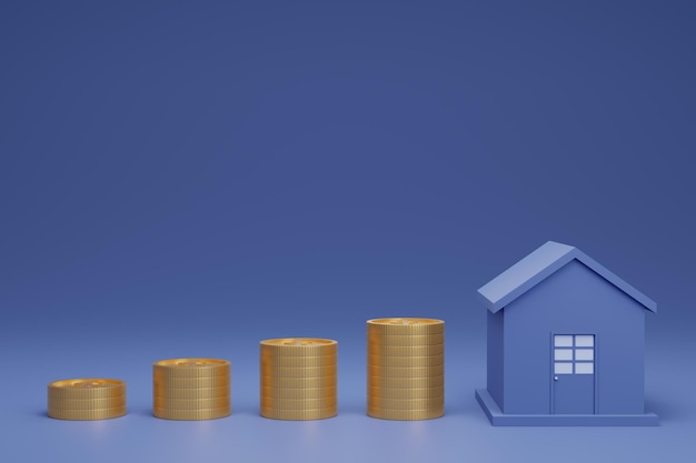 Rendu 3D d'une maison bleue avec une pile de pièces à côté