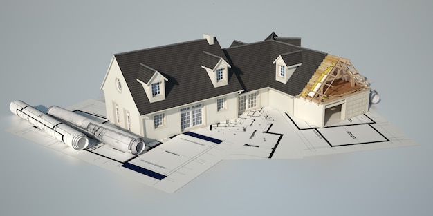 Rendu 3D d'une maison classique avec une partie inachevée au-dessus des plans