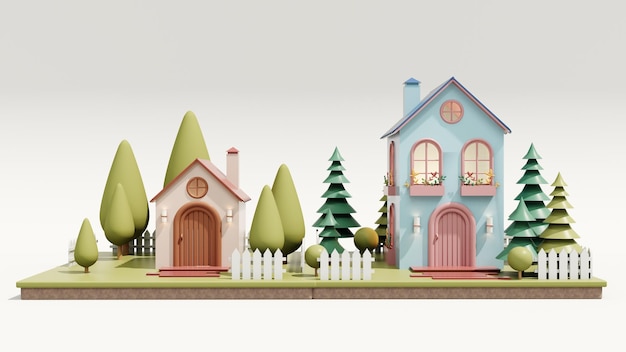 Rendu 3D Maison écologique mignonne Maison de dessin animé moderne avec fenêtres et portes Concept immobilier
