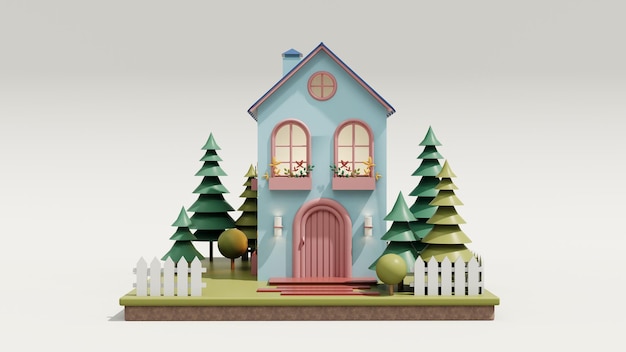 Rendu 3D Maison écologique mignonne Maison de dessin animé moderne avec fenêtres et portes Concept immobilier