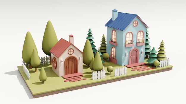 Rendu 3D Maison écologique mignonne Maison de dessin animé moderne avec fenêtres et portes Concept immobilier