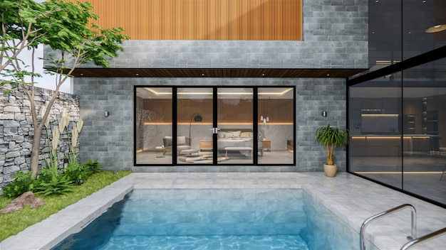 Rendu 3d Maison intérieure espace de vie ouvert moderne avec cuisineRésidence en duplex de style Loft Décoration de la maison intérieur de luxe design extérieurTerrasse extérieure avec piscine