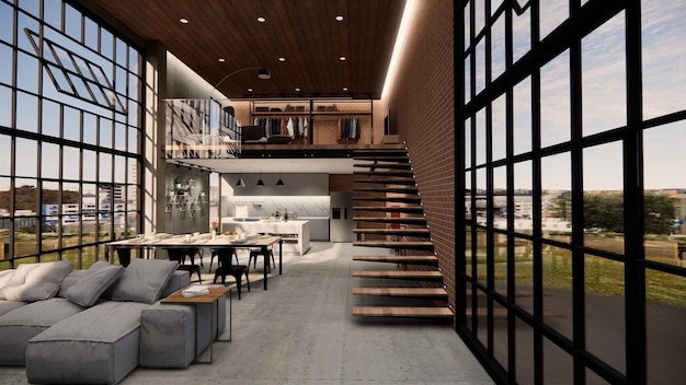 Rendu 3d Maison intérieure espace de vie ouvert moderne avec résidence d'appartements de style minimaliste moderneHo