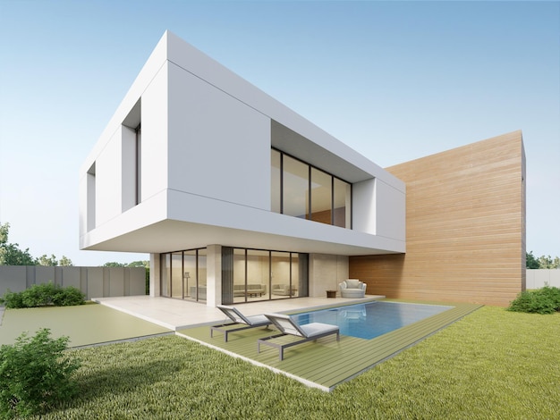 rendu 3d d'une maison de luxe moderne avec pelouse et piscine