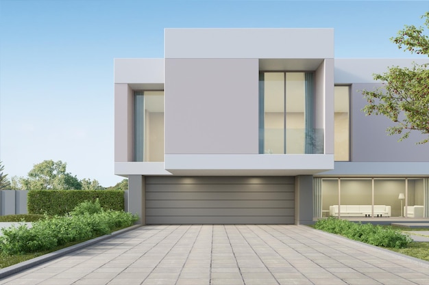 rendu 3d d'une maison de luxe moderne avec porte de garage et sol en béton