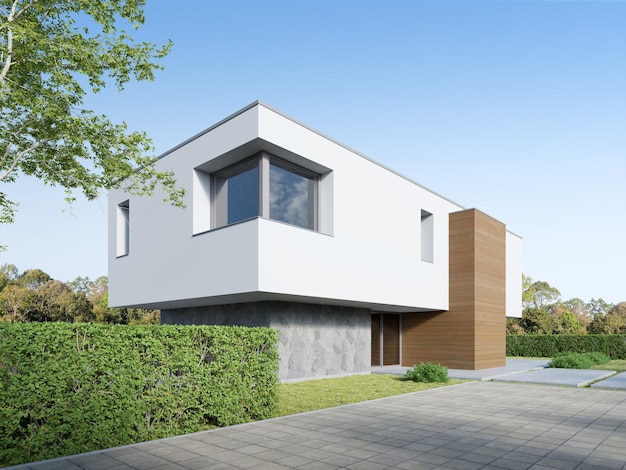 Photo rendu 3d d'une maison moderne blanche avec sol en béton et pelouse