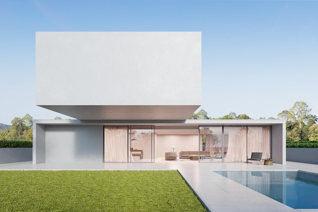 Rendu 3d d'une maison moderne blanche avec terrasse en marbre et piscine