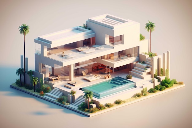 Rendu 3D d'une maison moderne et confortable sur la colline avec garage et piscine à vendre ou à louer