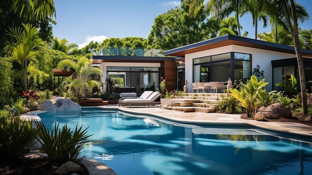 Rendu 3D d'une maison moderne et confortable avec parking et piscine à vendre ou à louer avec façade en planches de bois par