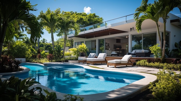 Rendu 3D d'une maison moderne et confortable avec parking et piscine à vendre ou à louer avec façade en planches de bois par