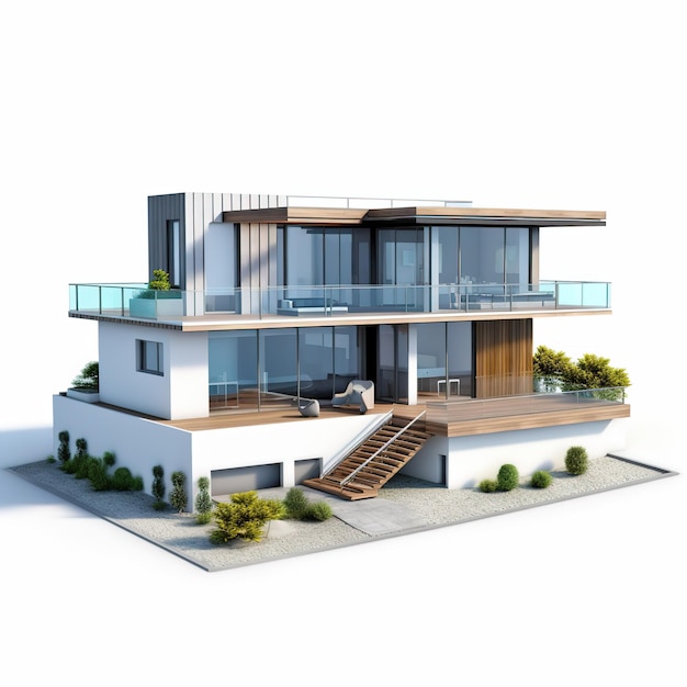 Rendu 3D d'une maison moderne et confortable avec piscine et parking à vendre ou à louer dans un style luxueux Isoler