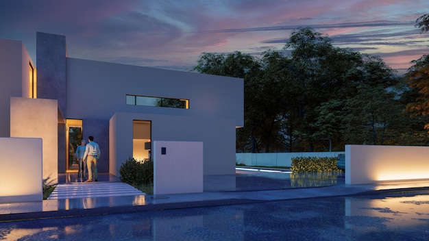 Rendu 3D d'une maison moderne et élégante au crépuscule