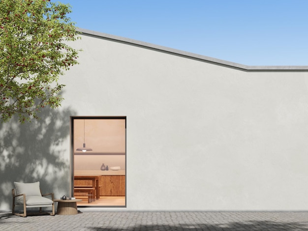 Photo rendu 3d d'une maison moderne avec un grand mur en béton et une fenêtre cour arrière avec terrasse en pierre pavée