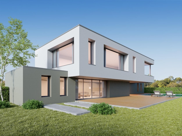 Rendu 3d d'une maison moderne de luxe avec une grande terrasse en bois et une pelouse