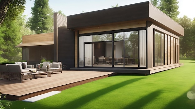 Rendu 3d d'une maison moderne de luxe avec une grande terrasse en bois et une pelouse