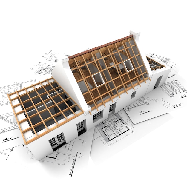 Rendu 3D d'une maison montrant différentes couches de la structure du toit