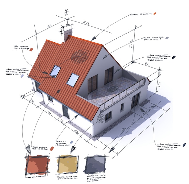 Rendu 3D d'une maison avec notes, design et spécifications techniques