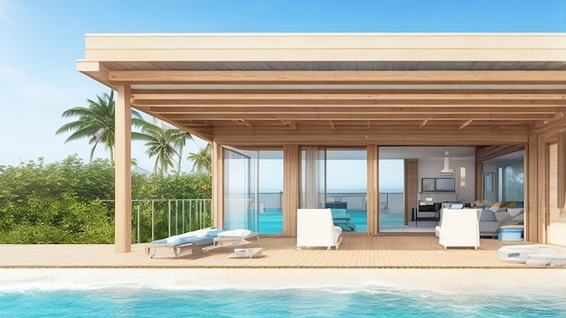 Rendu 3d d'une maison de plage de luxe moderne avec terrasse en bois et piscine sur fond de mer
