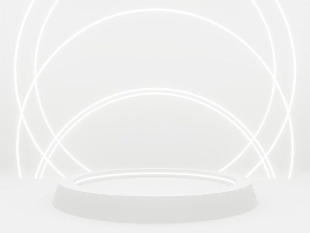 Rendu 3D Maquette d'affichage de produit blanc Arrière-plan blanc avec des néons blancs