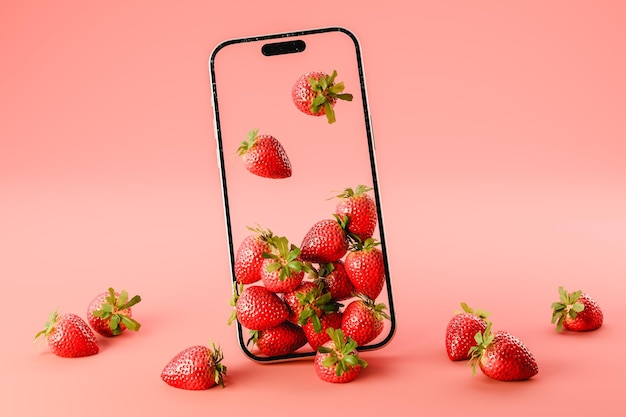 Rendu 3D d'une maquette de smartphone avec des fraises