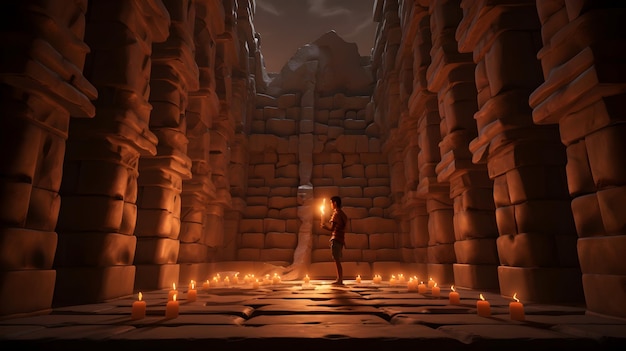 Un rendu 3D mettant en vedette un personnage 3D aventureux explorant un ancien temple