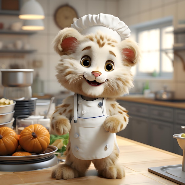 Rendu 3D d'un mignon bébé tigre cuisinier dans la cuisine Ai Généré