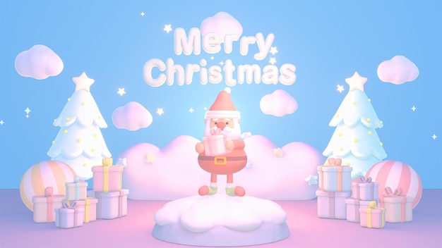 Rendu 3D mignon Père Noël tenant une boîte-cadeau debout sur un podium recouvert de neige