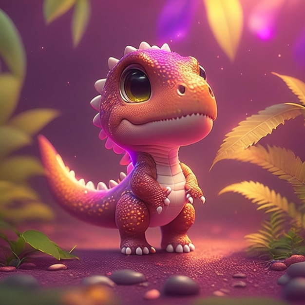 rendu 3d d'un mignon petit dinosaure sur fond violet