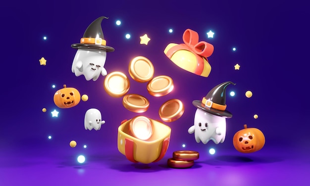 Rendu 3D de mignon petit fantôme avec boîte-cadeau ouverte avec concept de pièce d'argent de fond d'Halloween pour la conception de publicité commerciale style de dessin animé de rendu 3d