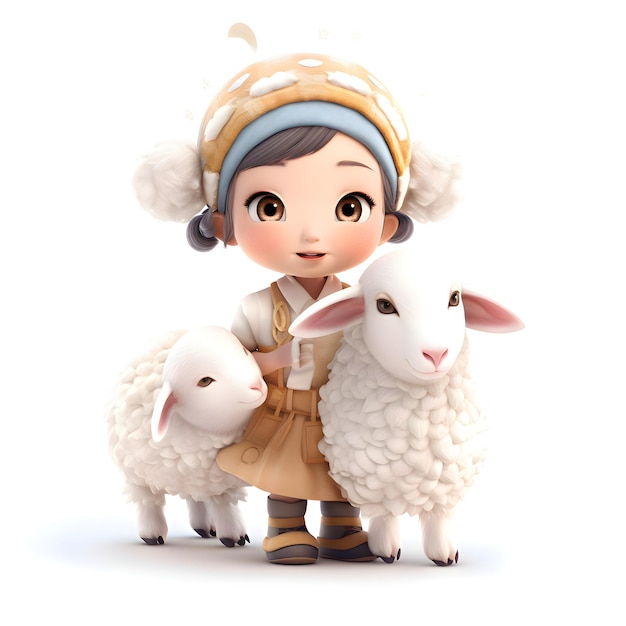 Rendu 3D d'un mignon petit garçon et fille avec des moutons