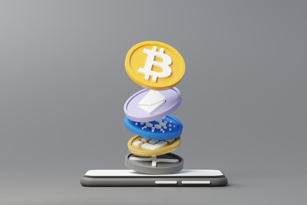 rendu 3d Mini-téléphone mobile ou smartphone minimal pour travailler avec un espace de copie blanc et des pièces de crypto-monnaie bitcoin, ethereum, binance et ripple pour la maquette et la bannière Web. Concept de chiffrement défini.