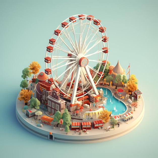 Rendu 3D de la miniature isométrique de la grande roue de la ville