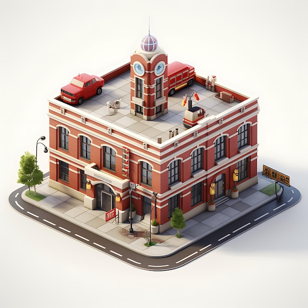 Rendu 3D de la miniature isométrique de la ville de la caserne de pompiers