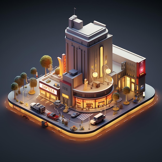 Rendu 3D de la miniature isométrique de la ville de cinéma