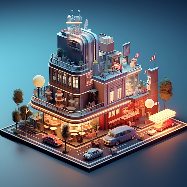 Rendu 3D de la miniature isométrique de la ville de Diner