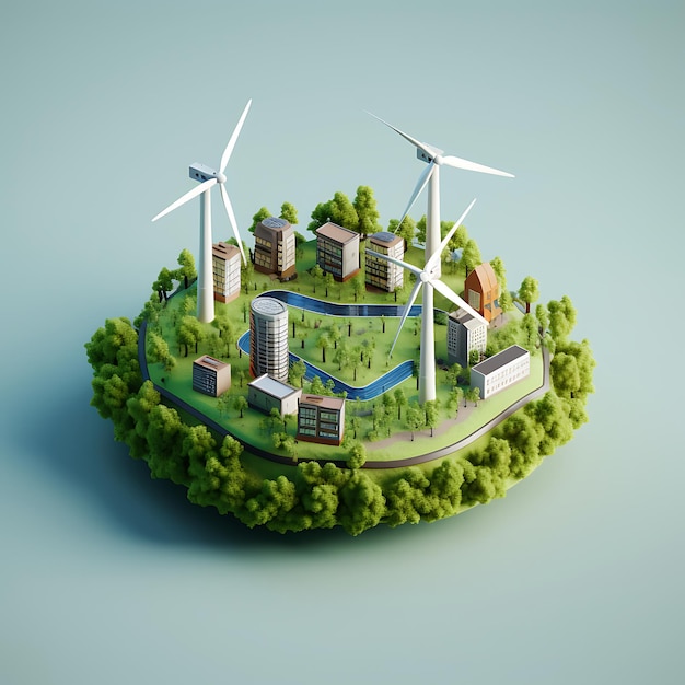 Rendu 3D de la miniature isométrique de la ville d'éoliennes