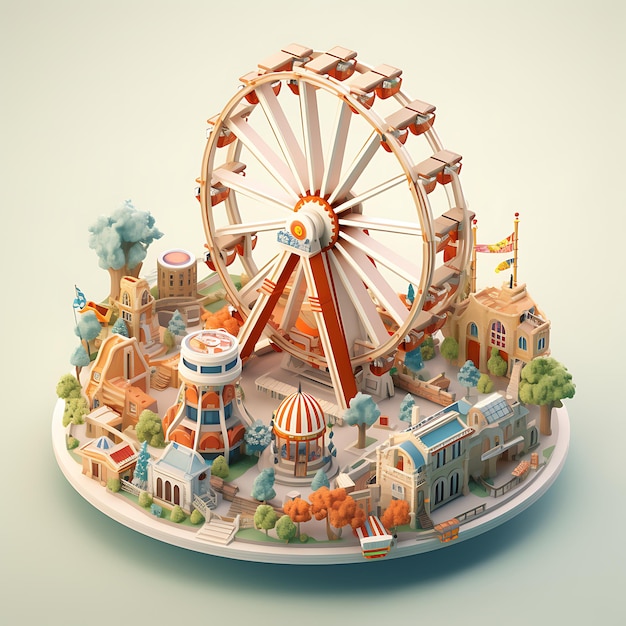 Rendu 3D de la miniature isométrique de la ville de la grande roue