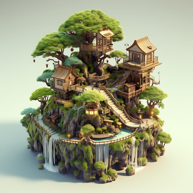 Rendu 3D de la miniature isométrique de la ville de Treehouse