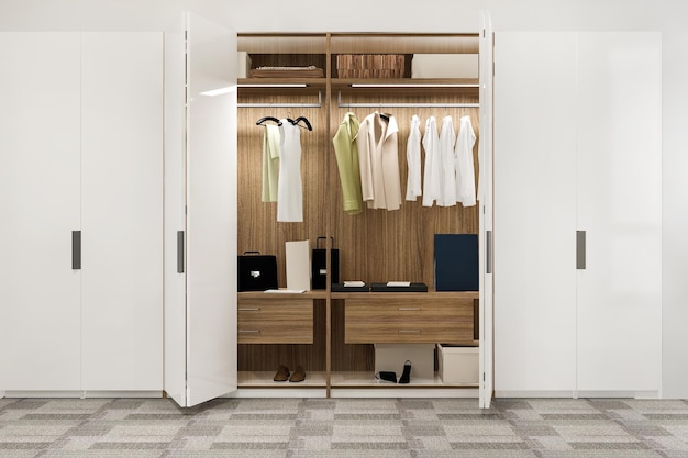 Rendu 3D minimaliste en bois scandinave dressing avec penderie