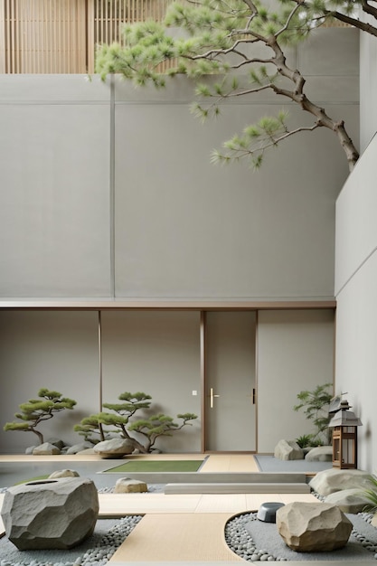 rendu 3d minimaliste de la chambre japonaise du jardin zen
