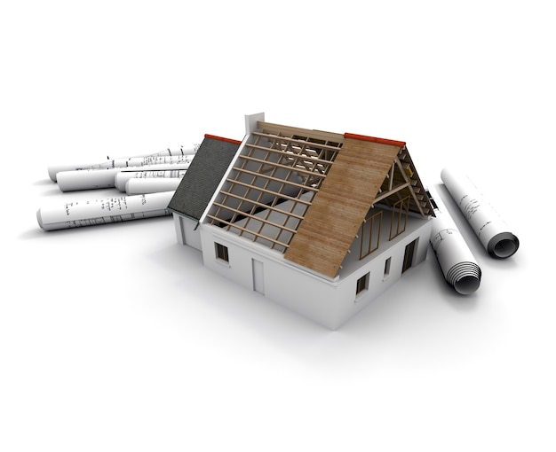 Rendu 3D d'un modèle d'architecture d'une maison en cours de construction, avec des plans enroulés