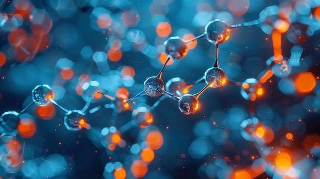 Un rendu 3D d'un modèle de molécule avec des points saillants bleus et orange symbolisant la recherche scientifique en m